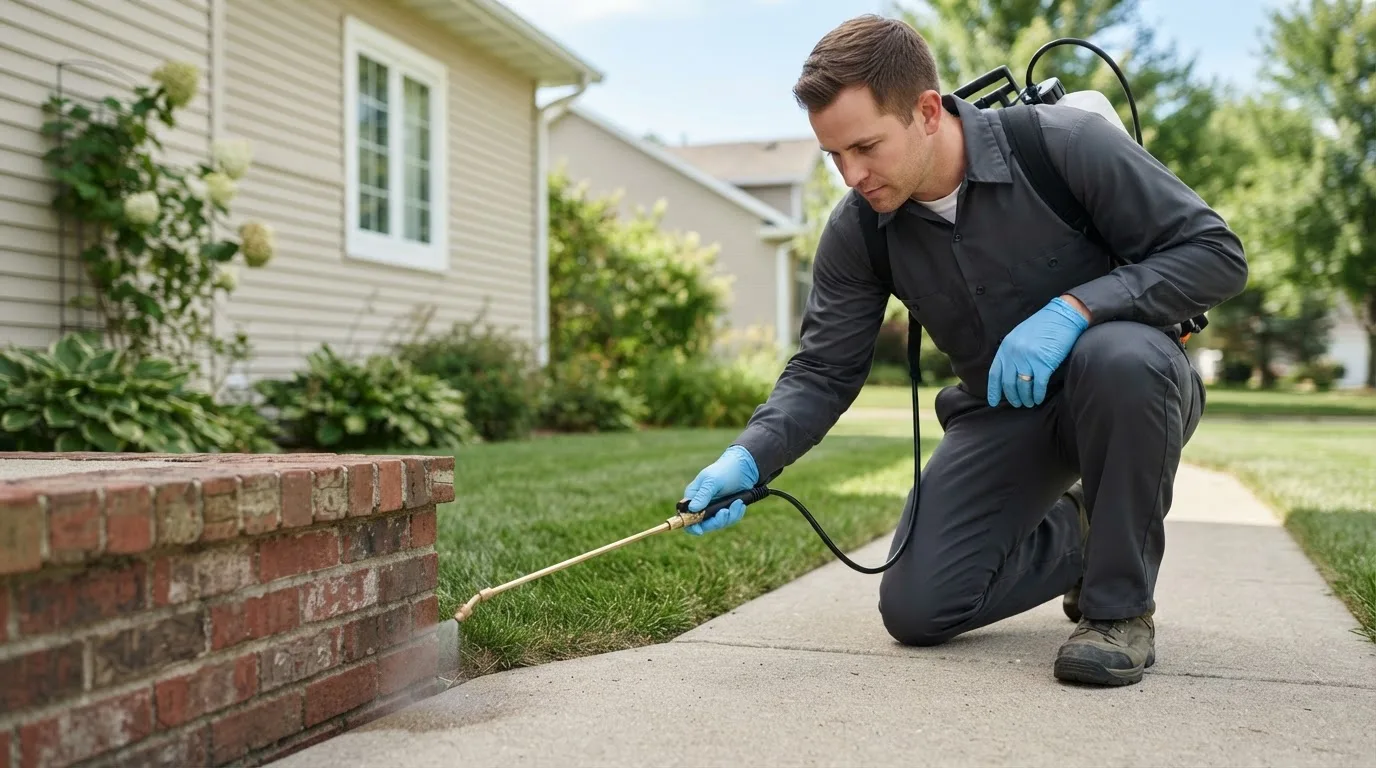 Pest control technician treating a home near Bacliff, TX