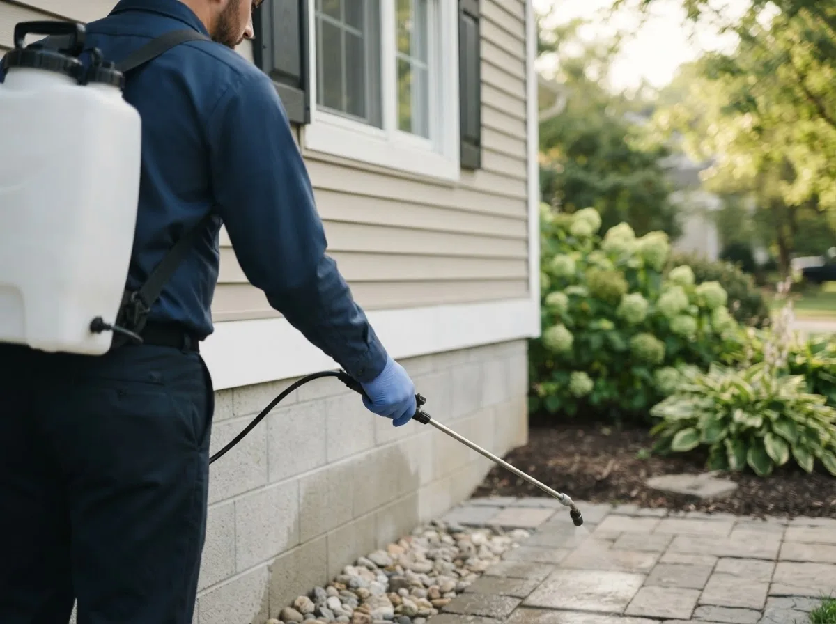 Pest control technician inspecting a home in Bacliff, TX